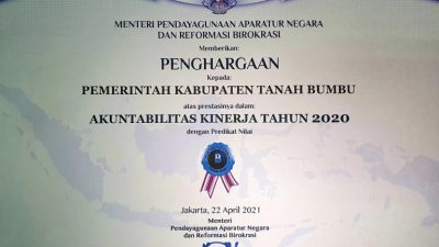 Pemkab Tanbu Raih Predikat B Penilaian Akutanbalitas Kinerja 2020