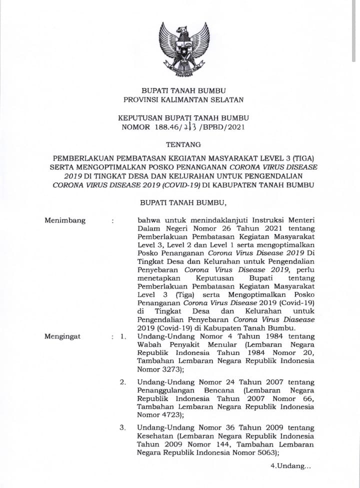 Ikuti Arahan Pusat, Pemkab Tanah Bumbu Terapkan PPKM Level 3