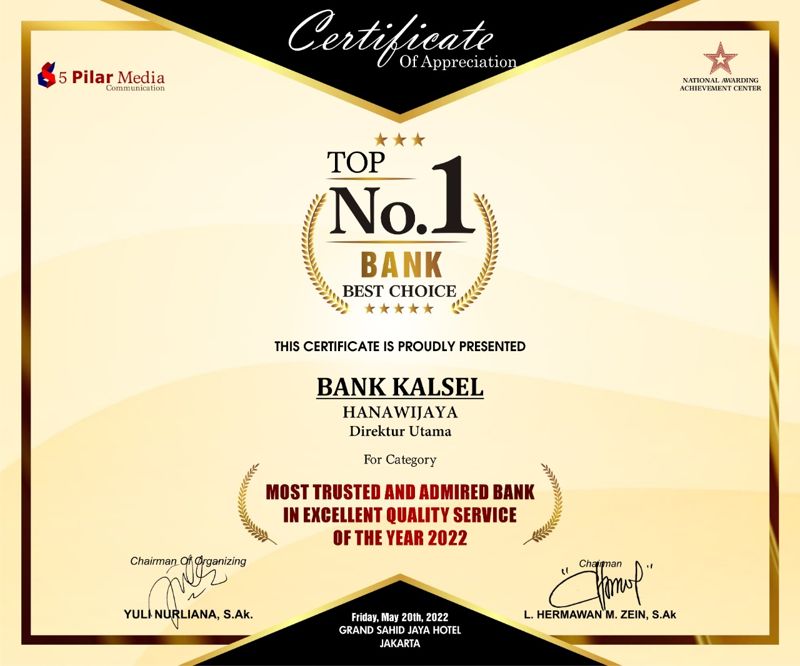 Bank Kalsel Raih Top Number 1 Best Choice Award