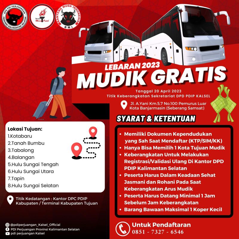 PDIP Kalsel Gelar Mudik Gratis