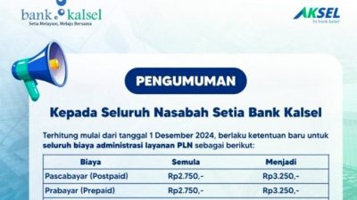 Bank Kalsel Berlakukan Ketentuan Baru Biaya Administrasi Layanan PLN Per 1 Desember 2024